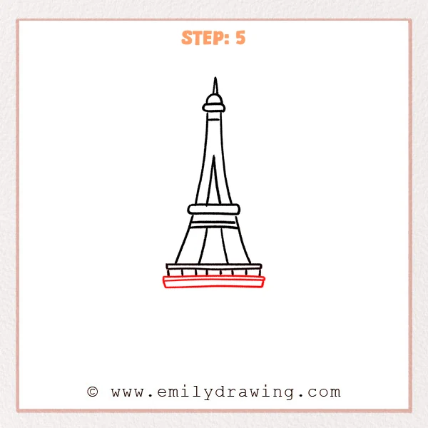 how to draw an eiffel tower - The Eiffel Tower drawing now includes a thicker, two-layer base platform beneath the railing.